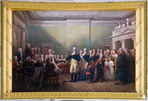 This image, courtesy of the Architect of the Capitol, depicts John Trumbull's 1824 painting entitled "General George Washington Resigning His Commission." The painting now hangs in the US Capitol Rotunda.
