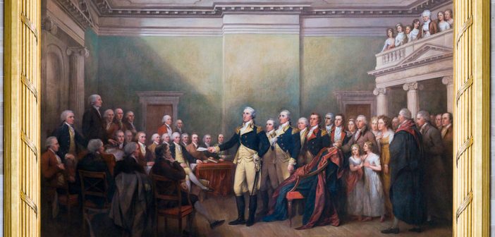 This image, courtesy of the Architect of the Capitol, depicts John Trumbull's 1824 painting entitled "General George Washington Resigning His Commission." The painting now hangs in the US Capitol Rotunda.