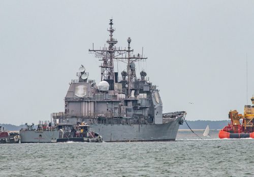 Under Tow, Cruiser Hue City Arrives in Norfolk for Modernization Under Tow, Cruiser Hue City Arrives in Norfolk for Modernization